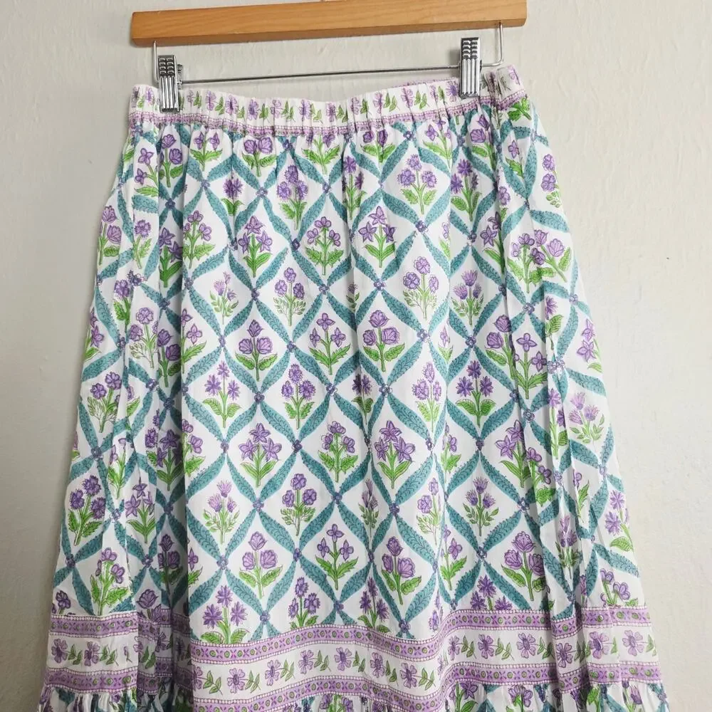 Alicia Bell Sutton Turquoise Purple Floral Silk Blend Tiered Maxi Skirt - Picture 3 of 12